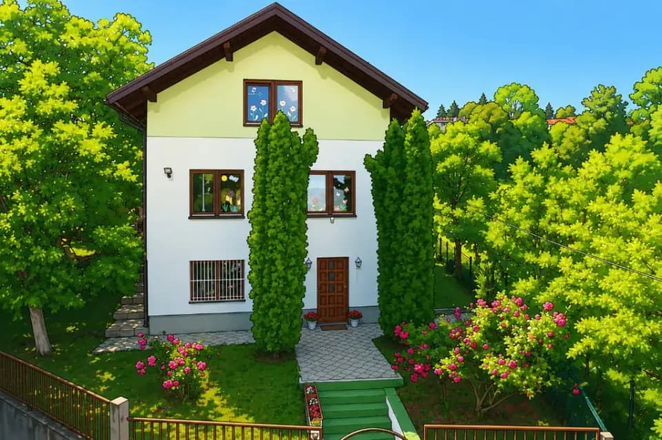 Garden House kindergarten building with garden and roses