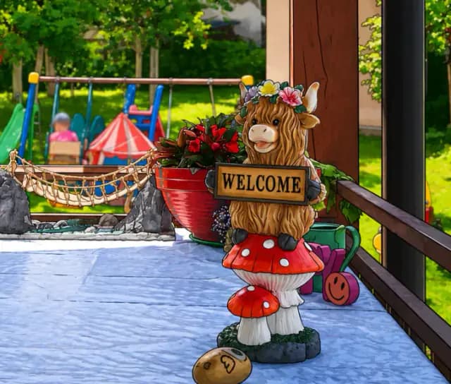 Welcome figurine on the terrace overlooking the garden playground