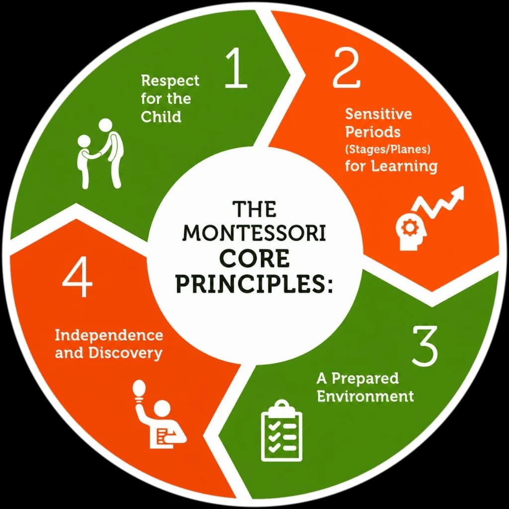 The Montessori core principles: respect for the child, sensitive periods for learning, a prepared environment, and independence and discovery
