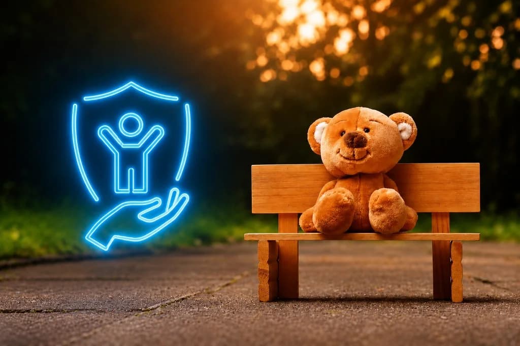 Safety shield with child icon beside a smiling teddy bear on a garden bench